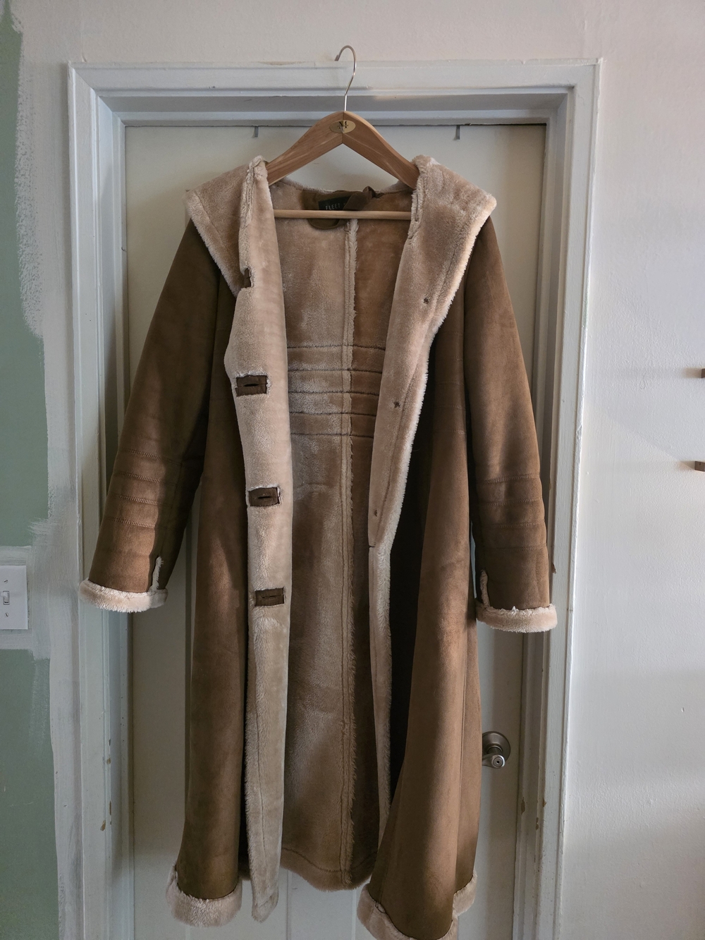 Long Brown Suede Trench Coat with Cream Shearling Lining "Penny Lane"